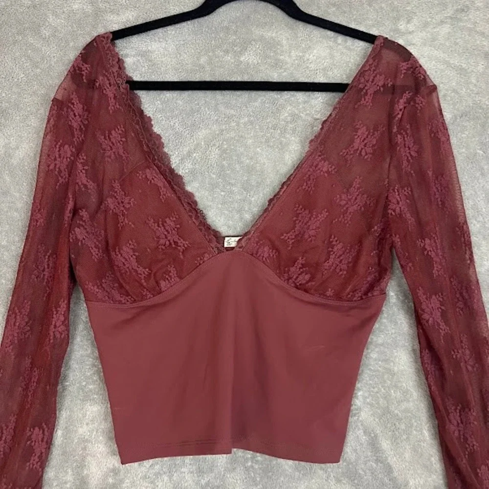 Free People All Day Long Lace Top Womens L Long Sleeve Coquette Boho Romantic